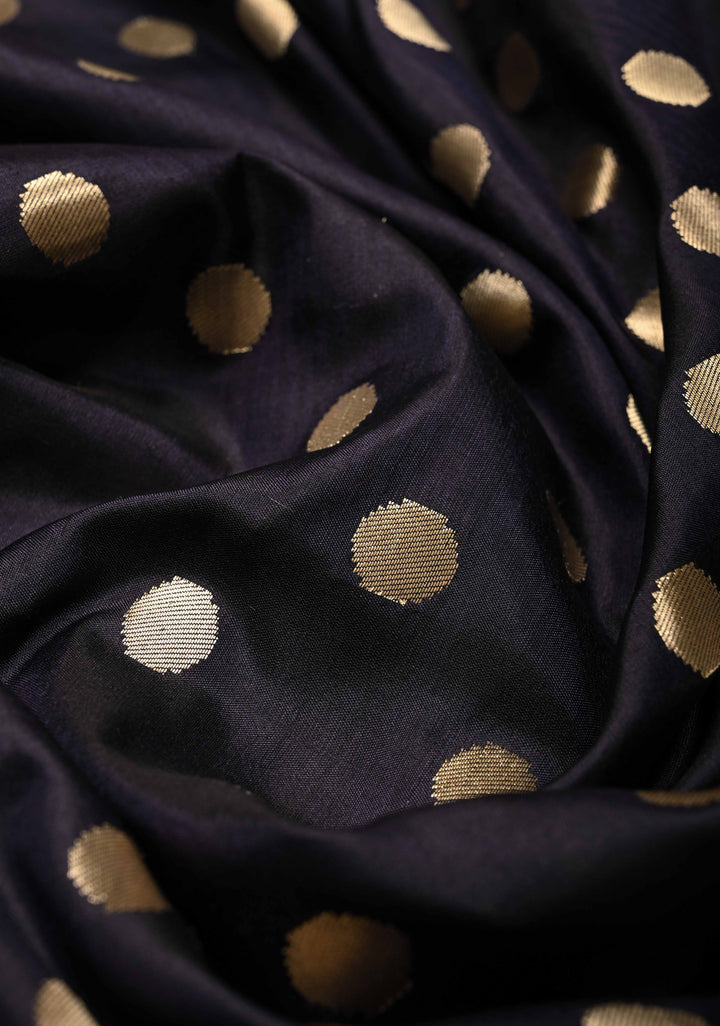 Exquisite Midnight Blue Banarasi Katan Silk Saree with Polka Dot Brocade and Paithani Style Meenakari Wide Zari Border | SILK MARK CERTIFIED