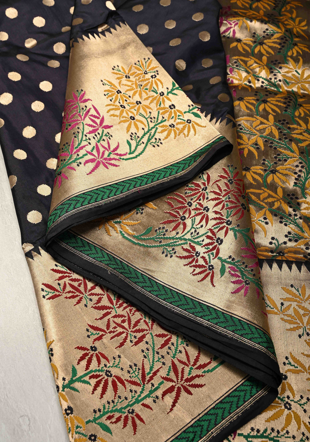 Exquisite Midnight Blue Banarasi Katan Silk Saree with Polka Dot Brocade and Paithani Style Meenakari Wide Zari Border | SILK MARK CERTIFIED
