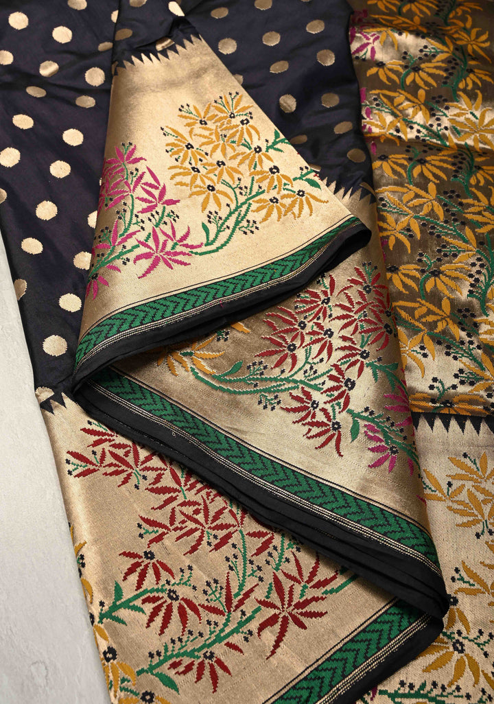 Exquisite Midnight Blue Banarasi Katan Silk Saree with Polka Dot Brocade and Paithani Style Meenakari Wide Zari Border | SILK MARK CERTIFIED