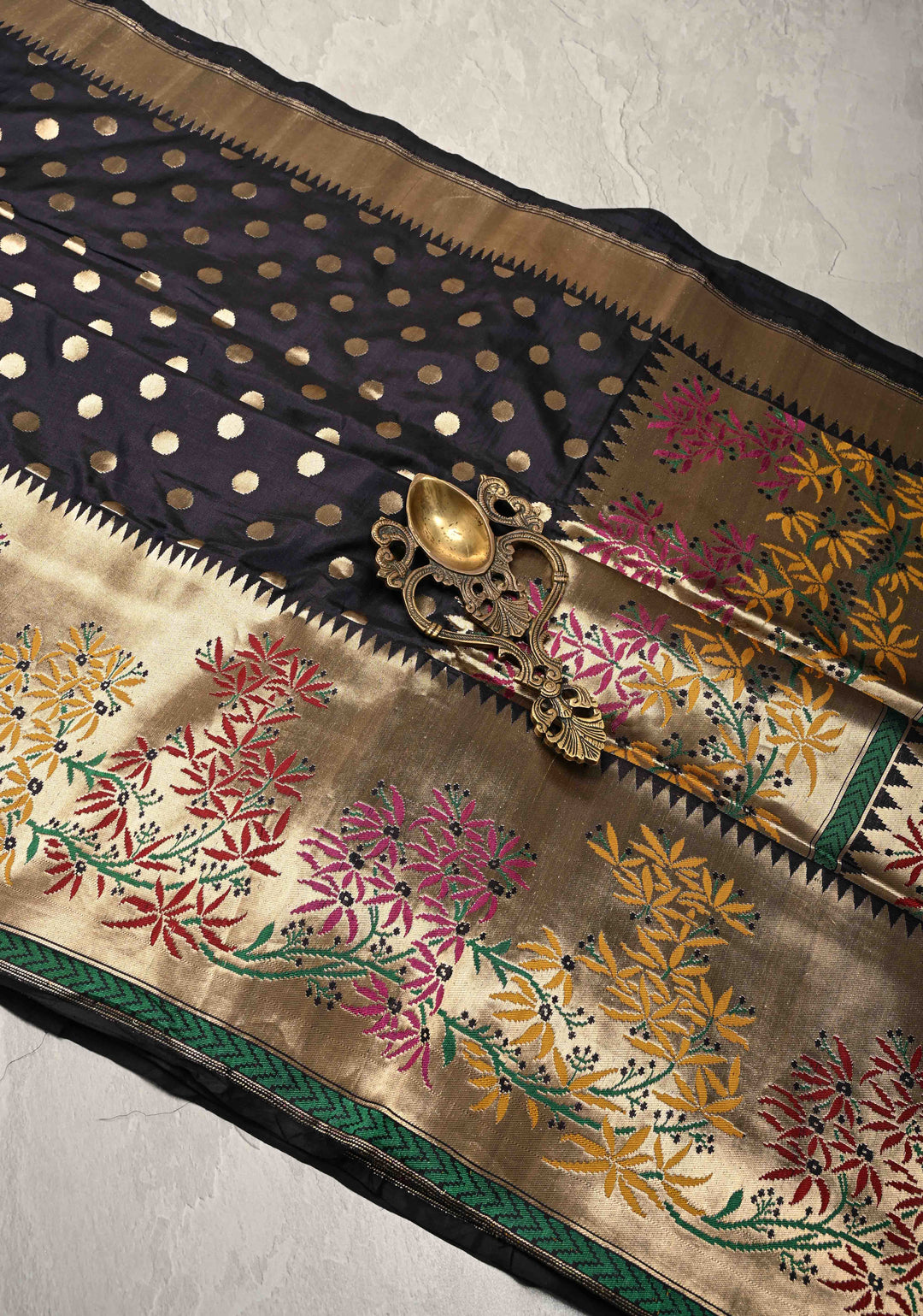 Exquisite Midnight Blue Banarasi Katan Silk Saree with Polka Dot Brocade and Paithani Style Meenakari Wide Zari Border | SILK MARK CERTIFIED