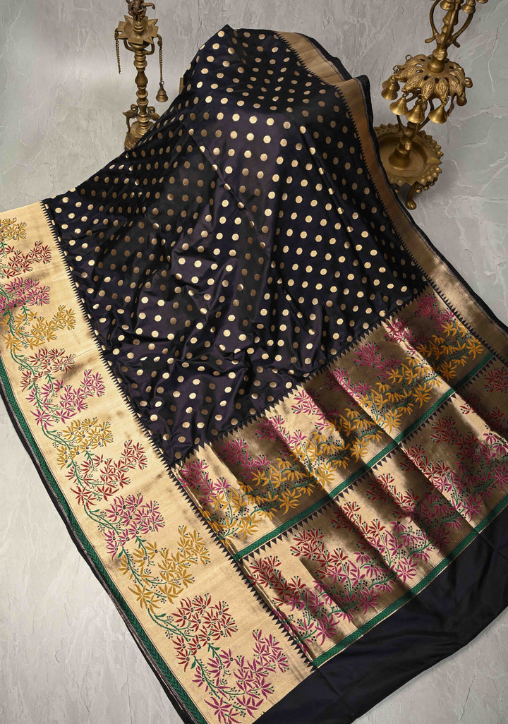 Exquisite Midnight Blue Banarasi Katan Silk Saree with Polka Dot Brocade and Paithani Style Meenakari Wide Zari Border | SILK MARK CERTIFIED