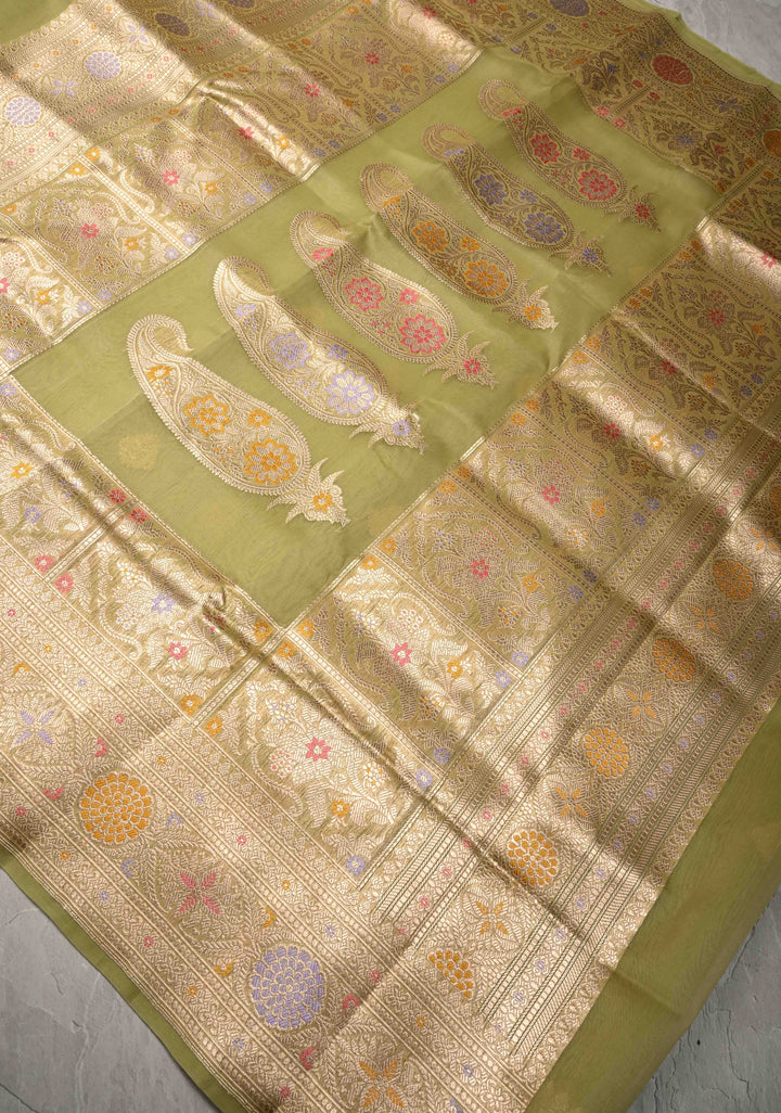 Moss Green Banarasi Kora Silk Saree with Floral Zari Buttas  and Meenakari Zari Border-Pallu | SILK MARK CERTIFIED