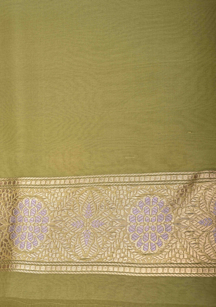 Moss Green Banarasi Kora Silk Saree with Floral Zari Buttas  and Meenakari Zari Border-Pallu | SILK MARK CERTIFIED