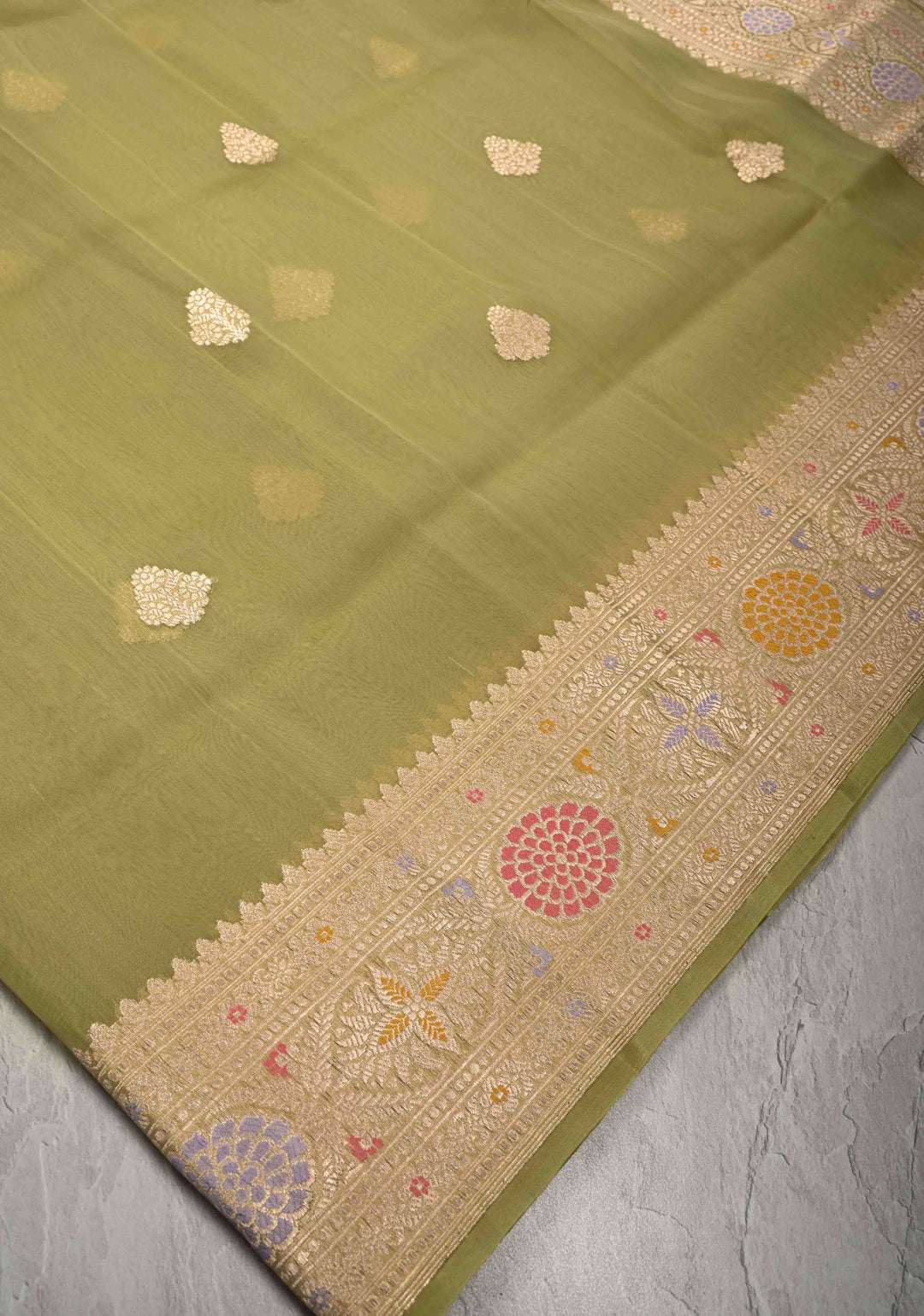 Moss Green Banarasi Kora Silk Saree with Floral Zari Buttas  and Meenakari Zari Border-Pallu | SILK MARK CERTIFIED
