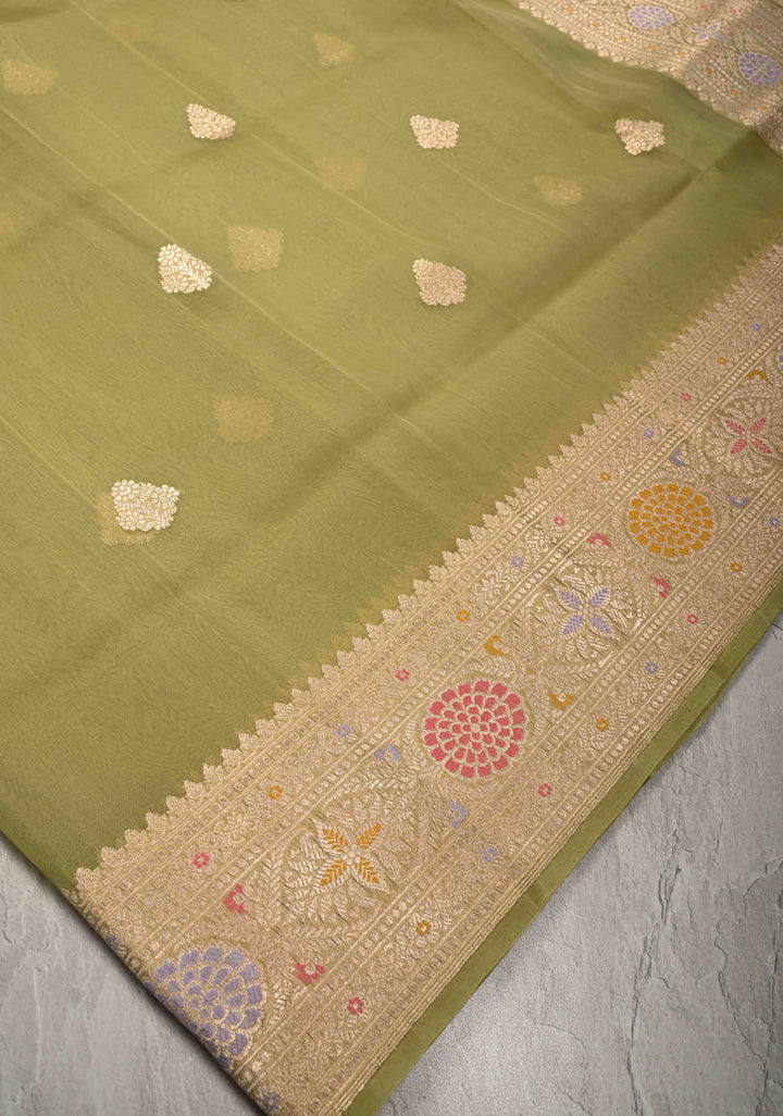 Moss Green Banarasi Kora Silk Saree with Floral Zari Buttas  and Meenakari Zari Border-Pallu | SILK MARK CERTIFIED