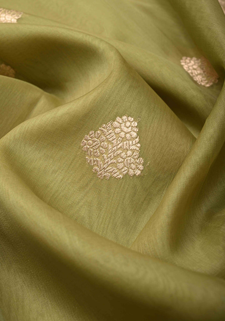 Moss Green Banarasi Kora Silk Saree with Floral Zari Buttas  and Meenakari Zari Border-Pallu | SILK MARK CERTIFIED