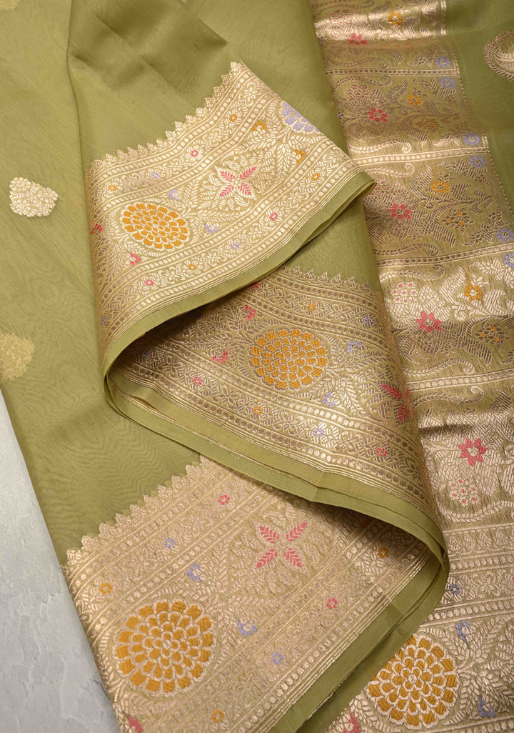 Moss Green Banarasi Kora Silk Saree with Floral Zari Buttas  and Meenakari Zari Border-Pallu | SILK MARK CERTIFIED