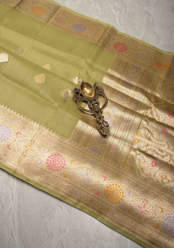 Moss Green Banarasi Kora Silk Saree with Floral Zari Buttas  and Meenakari Zari Border-Pallu | SILK MARK CERTIFIED