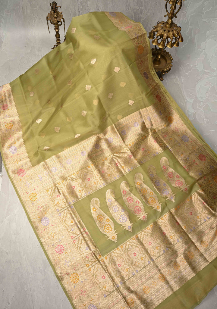 Moss Green Banarasi Kora Silk Saree with Floral Zari Buttas  and Meenakari Zari Border-Pallu | SILK MARK CERTIFIED