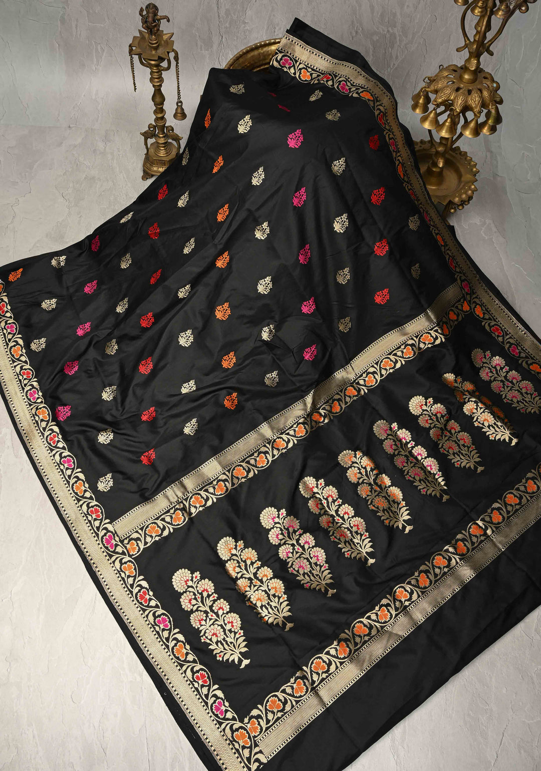 Black Meenakari on Pure Banarasi Katan Silk Saree with Floral buttas and Zari Border-pallu | SILK MARK CERTIFIED