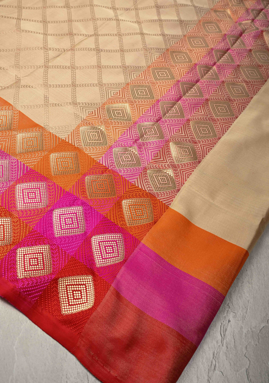 Exquisite Beige Tanchoi Banarasi Saree in Pure Mashru Silk with Geometric Brocade and Multicolor Panel Zari Border | SILK MARK CERTIFIED