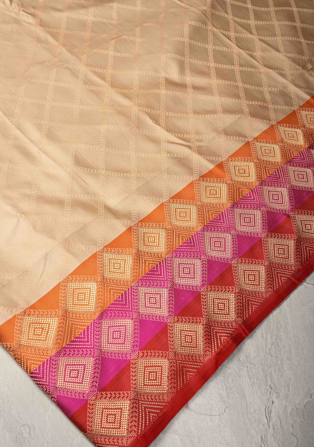 Exquisite Beige Tanchoi Banarasi Saree in Pure Mashru Silk with Geometric Brocade and Multicolor Panel Zari Border | SILK MARK CERTIFIED