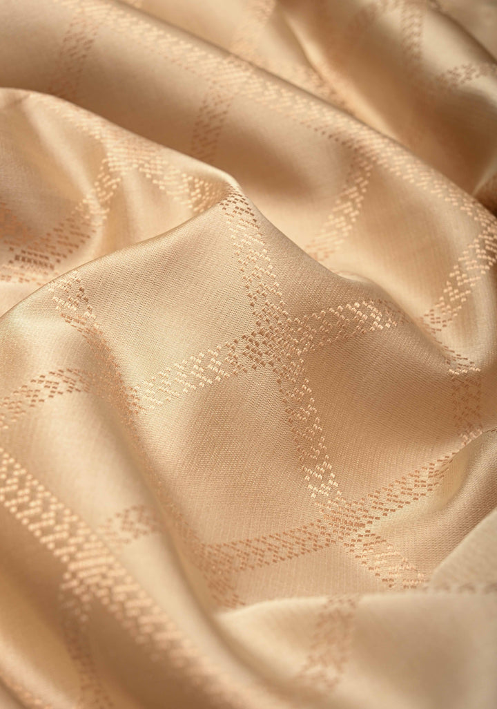 Exquisite Beige Tanchoi Banarasi Saree in Pure Mashru Silk with Geometric Brocade and Multicolor Panel Zari Border | SILK MARK CERTIFIED