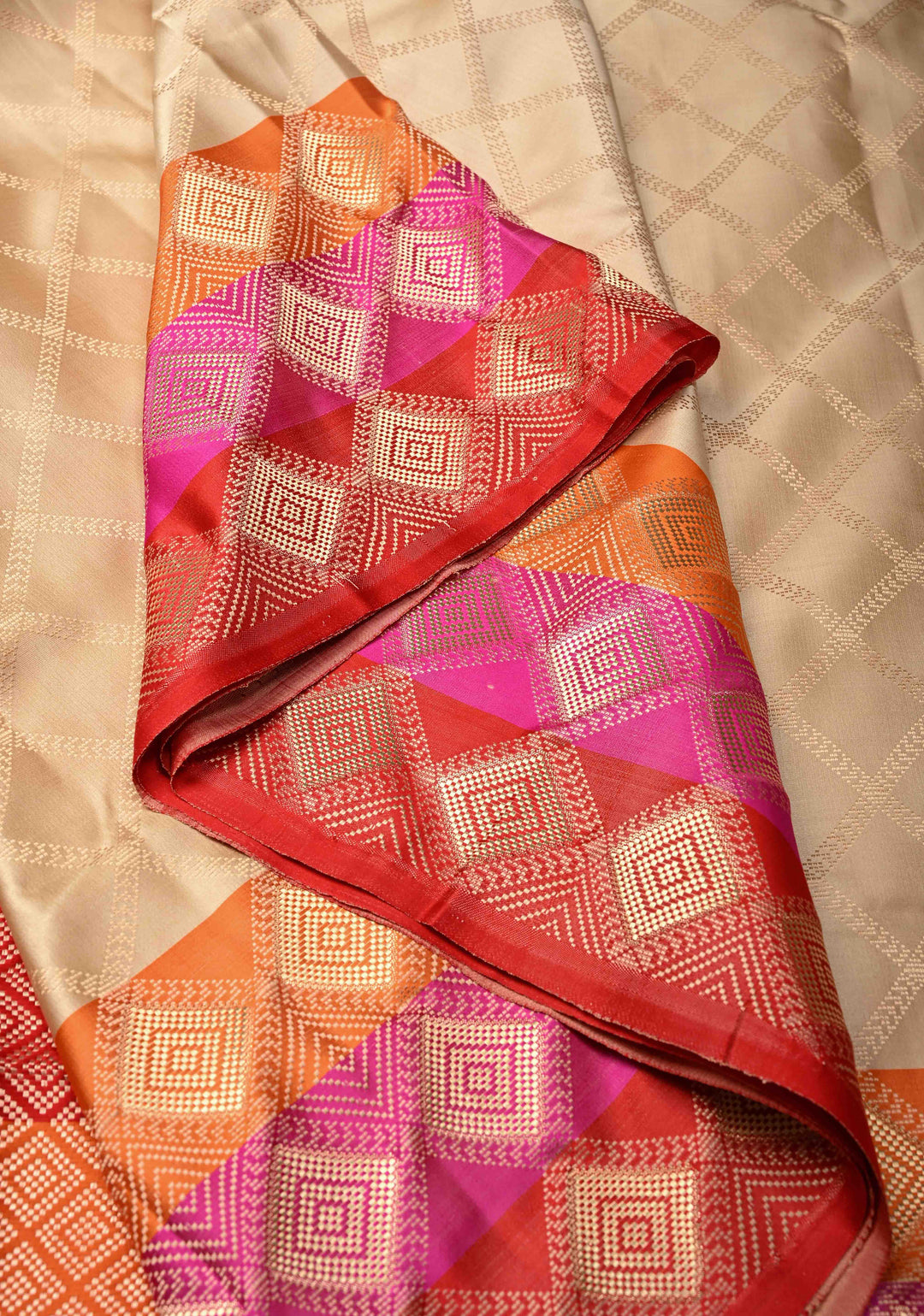 Exquisite Beige Tanchoi Banarasi Saree in Pure Mashru Silk with Geometric Brocade and Multicolor Panel Zari Border | SILK MARK CERTIFIED