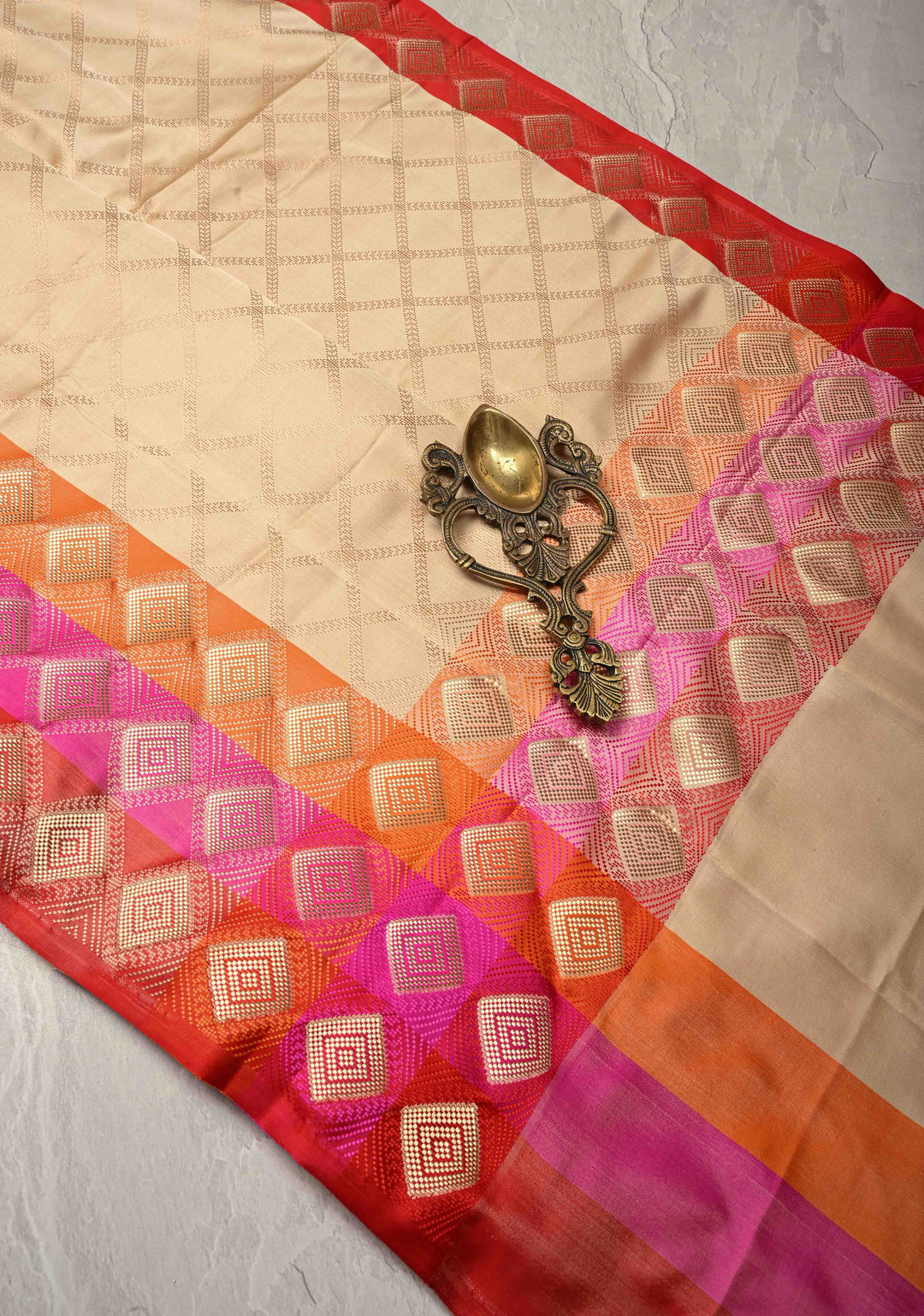 Exquisite Beige Tanchoi Banarasi Saree in Pure Mashru Silk with Geometric Brocade and Multicolor Panel Zari Border | SILK MARK CERTIFIED