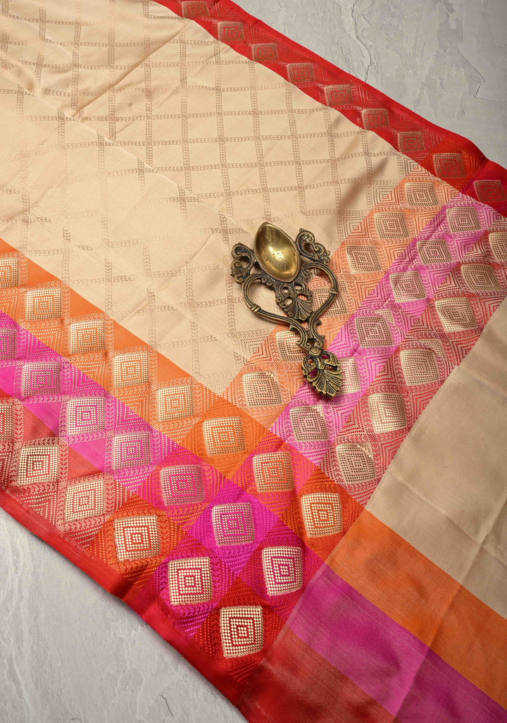 Exquisite Beige Tanchoi Banarasi Saree in Pure Mashru Silk with Geometric Brocade and Multicolor Panel Zari Border | SILK MARK CERTIFIED