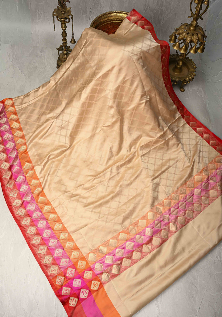 Exquisite Beige Tanchoi Banarasi Saree in Pure Mashru Silk with Geometric Brocade and Multicolor Panel Zari Border | SILK MARK CERTIFIED