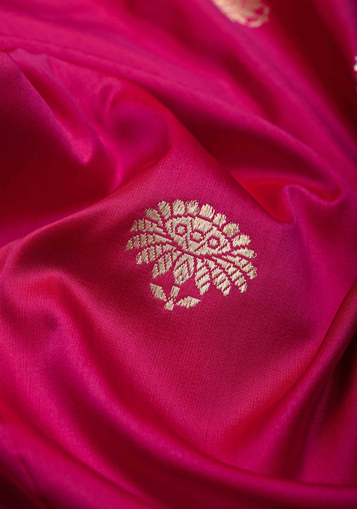 Banarasi Baluchari Rani Pink Pure Katan Silk Saree with Floral Gold Silver Zari buttas and Meenakari Zari Border| SILK MARK CERTIFIED