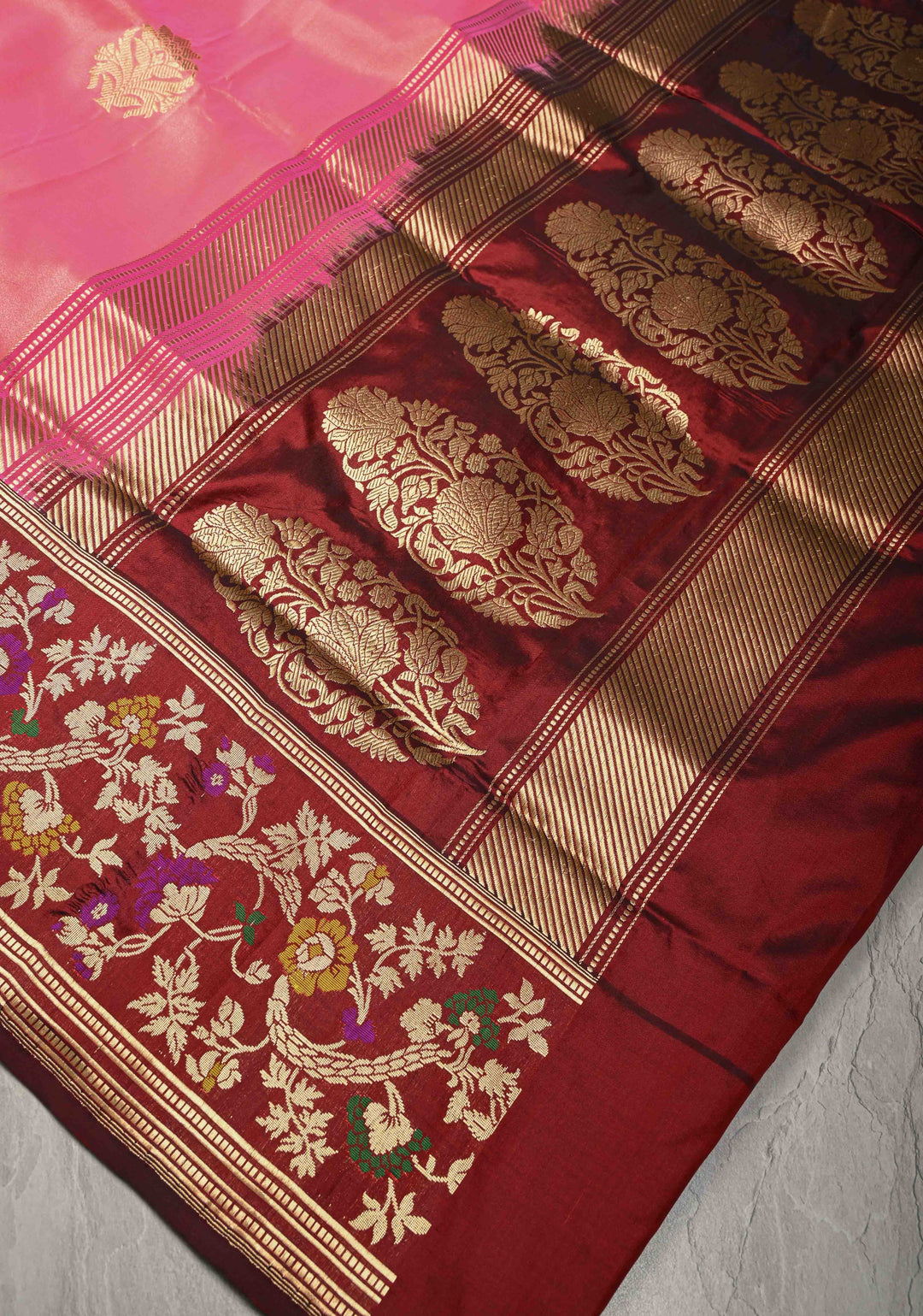 Rose Pink Banarasi Katan Tissue Silk Saree with Floral Zari buttas and Meenakari Contrst Border | SILK MARK CERTIFIED