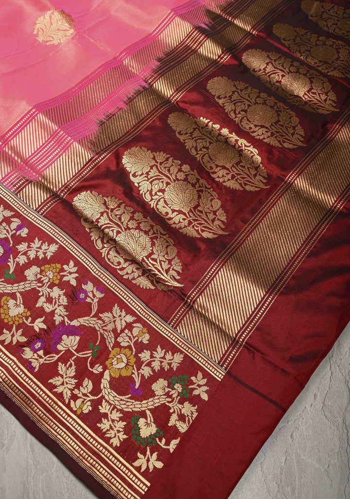 Rose Pink Banarasi Katan Tissue Silk Saree with Floral Zari buttas and Meenakari Contrst Border | SILK MARK CERTIFIED