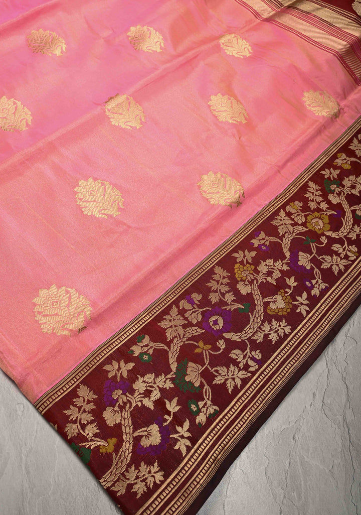 Rose Pink Banarasi Katan Tissue Silk Saree with Floral Zari buttas and Meenakari Contrst Border | SILK MARK CERTIFIED