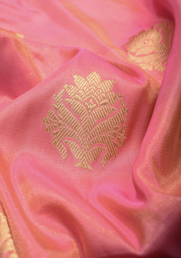 Rose Pink Banarasi Katan Tissue Silk Saree with Floral Zari buttas and Meenakari Contrst Border | SILK MARK CERTIFIED