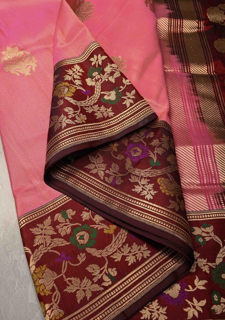 Rose Pink Banarasi Katan Tissue Silk Saree with Floral Zari buttas and Meenakari Contrst Border | SILK MARK CERTIFIED