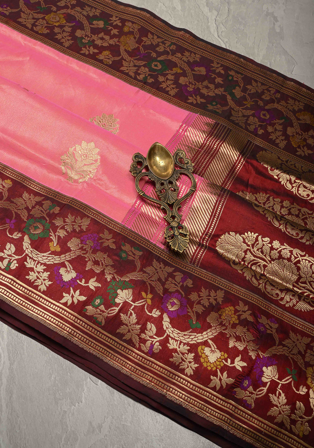 Rose Pink Banarasi Katan Tissue Silk Saree with Floral Zari buttas and Meenakari Contrst Border | SILK MARK CERTIFIED