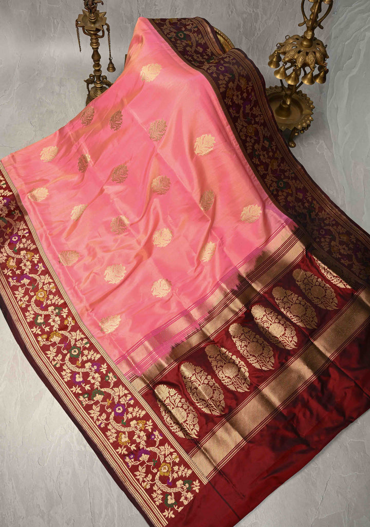 Rose Pink Banarasi Katan Tissue Silk Saree with Floral Zari buttas and Meenakari Contrst Border | SILK MARK CERTIFIED