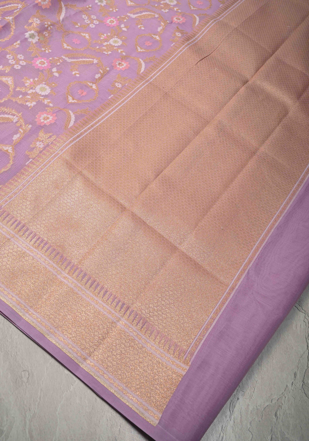 Lavender Banarasi Cotton Saree with Jamdani Style Sona Rupa Zari Cutwork Weaving