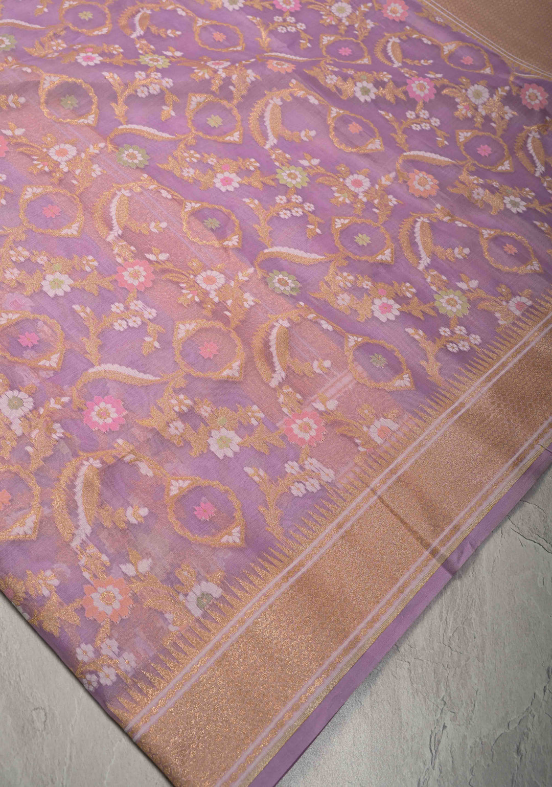 Lavender Banarasi Cotton Saree with Jamdani Style Sona Rupa Zari Cutwork Weaving