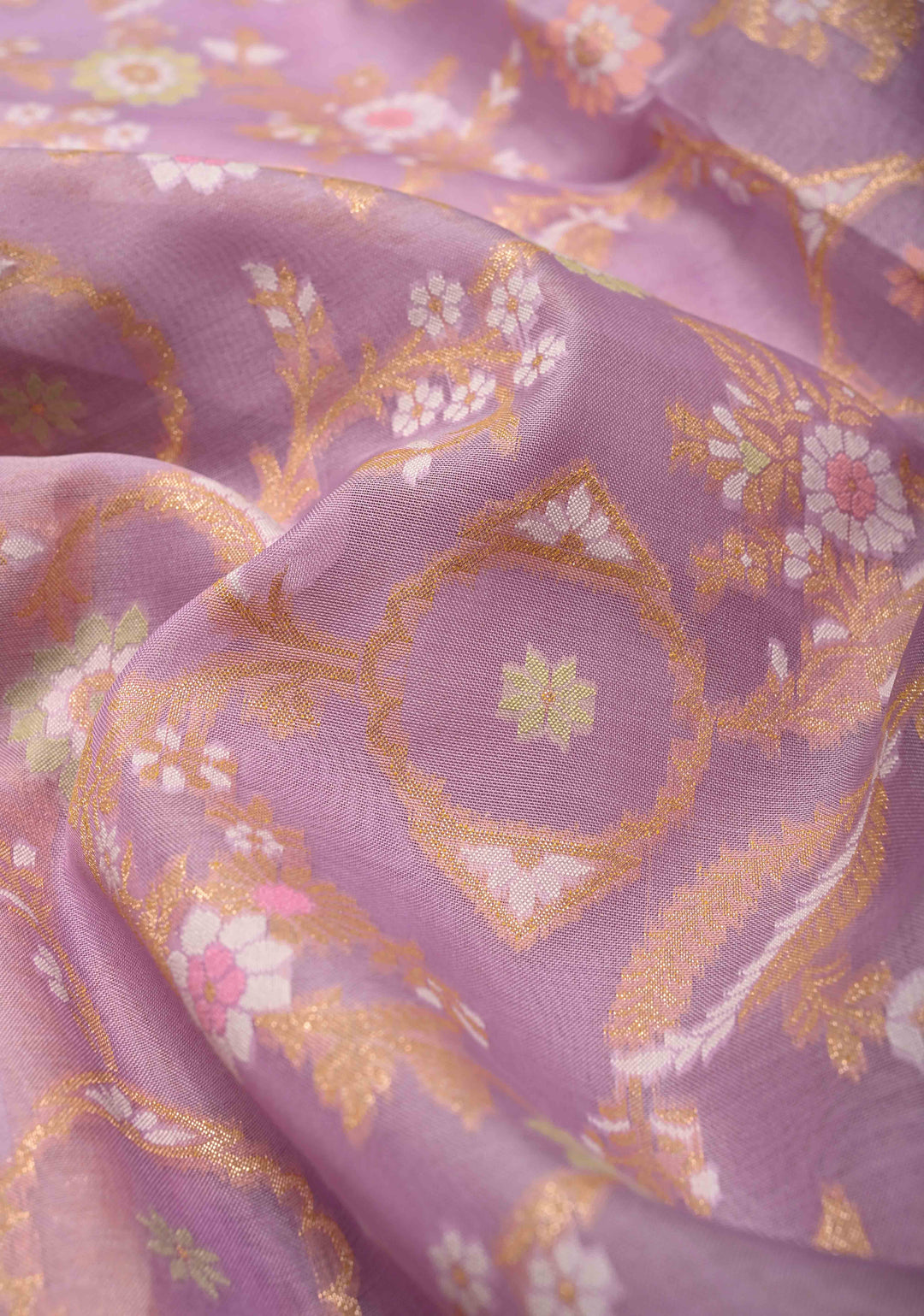 Lavender Banarasi Cotton Saree with Jamdani Style Sona Rupa Zari Cutwork Weaving