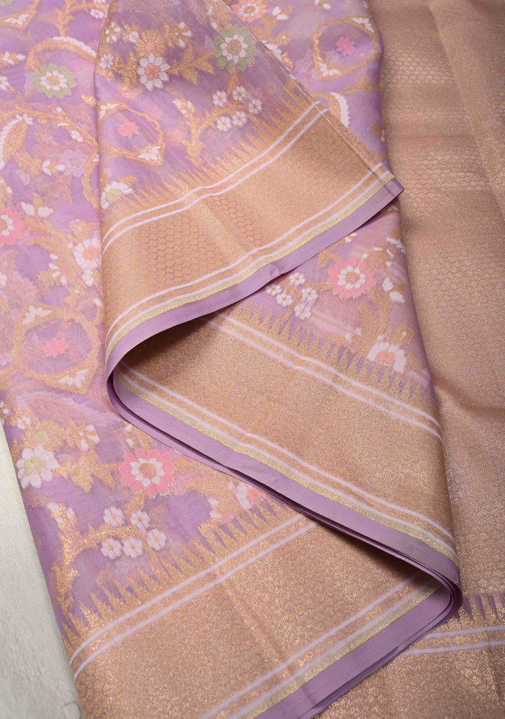 Lavender Banarasi Cotton Saree with Jamdani Style Sona Rupa Zari Cutwork Weaving
