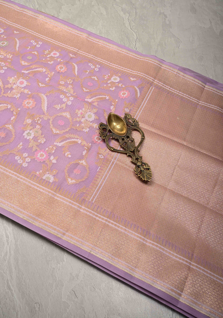 Lavender Banarasi Cotton Saree with Jamdani Style Sona Rupa Zari Cutwork Weaving