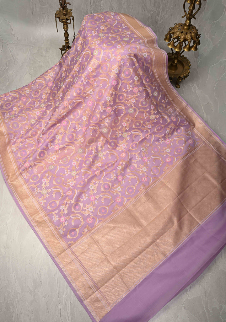 Lavender Banarasi Cotton Saree with Jamdani Style Sona Rupa Zari Cutwork Weaving