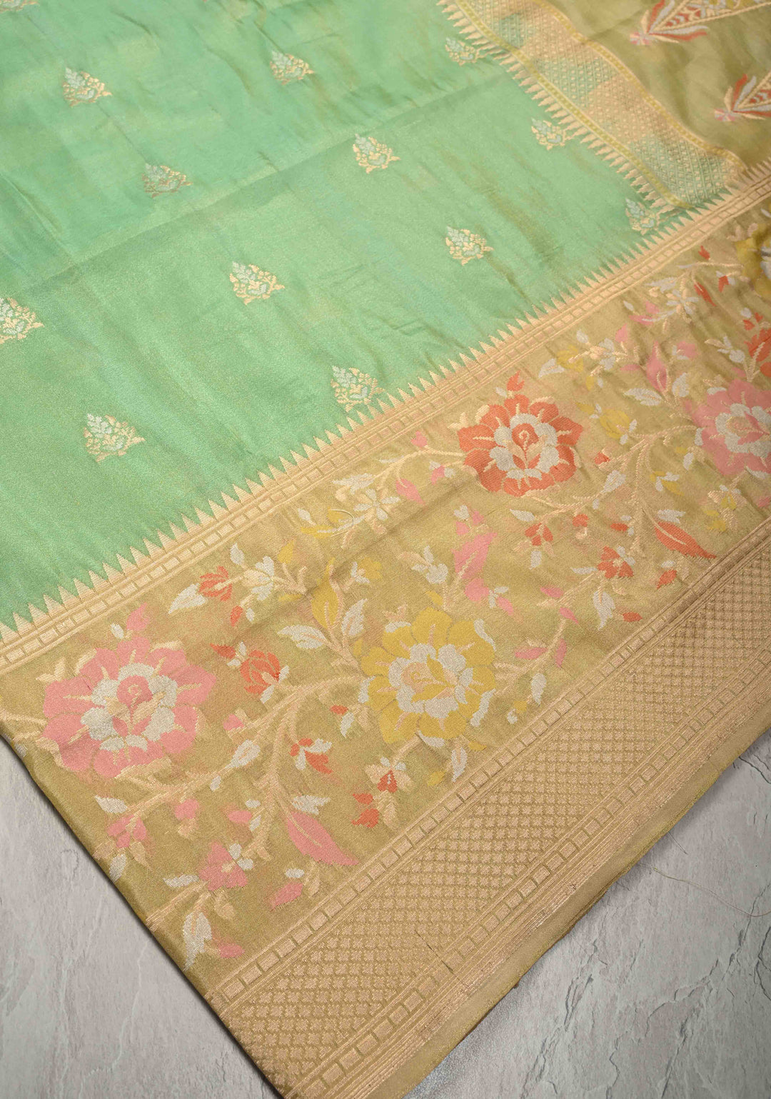 Dark Sage Green Banarasi Katan Tissue Silk Saree with Meenakari Zari buttas and Contrst Zari Border | SILK MARK CERTIFIED