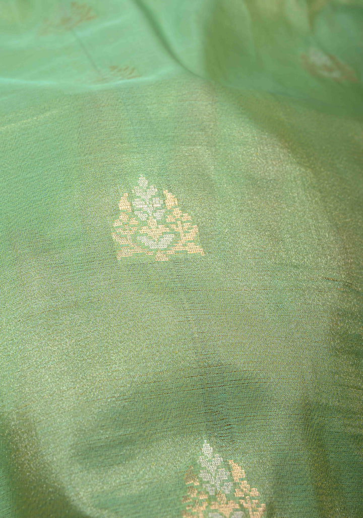 Dark Sage Green Banarasi Katan Tissue Silk Saree with Meenakari Zari buttas and Contrst Zari Border | SILK MARK CERTIFIED