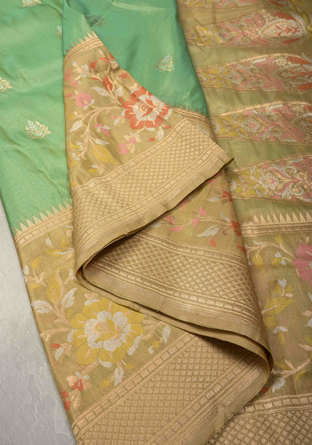 Dark Sage Green Banarasi Katan Tissue Silk Saree with Meenakari Zari buttas and Contrst Zari Border | SILK MARK CERTIFIED