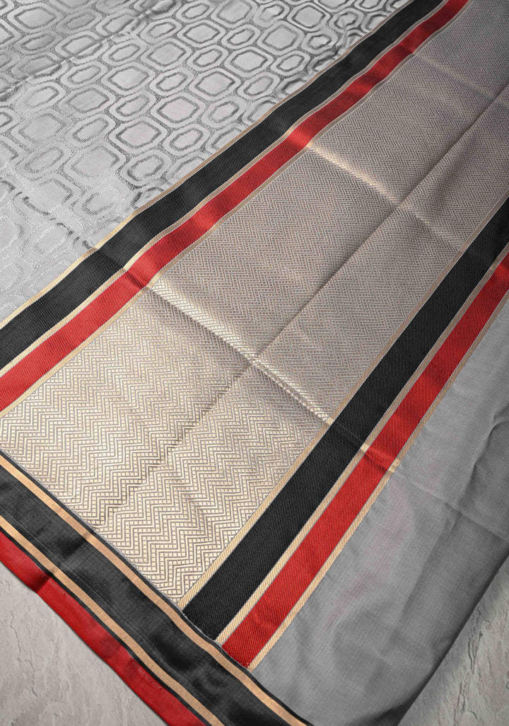 Grey Tanchoi Banarasi Satin Silk Saree in Pure Mashru Silk with Brocade and Contrast Border | SILK MARK CERTIFIED