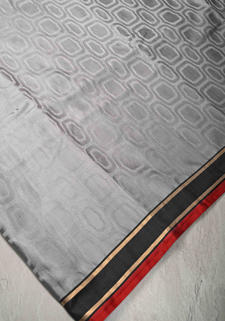 Grey Tanchoi Banarasi Satin Silk Saree in Pure Mashru Silk with Brocade and Contrast Border | SILK MARK CERTIFIED