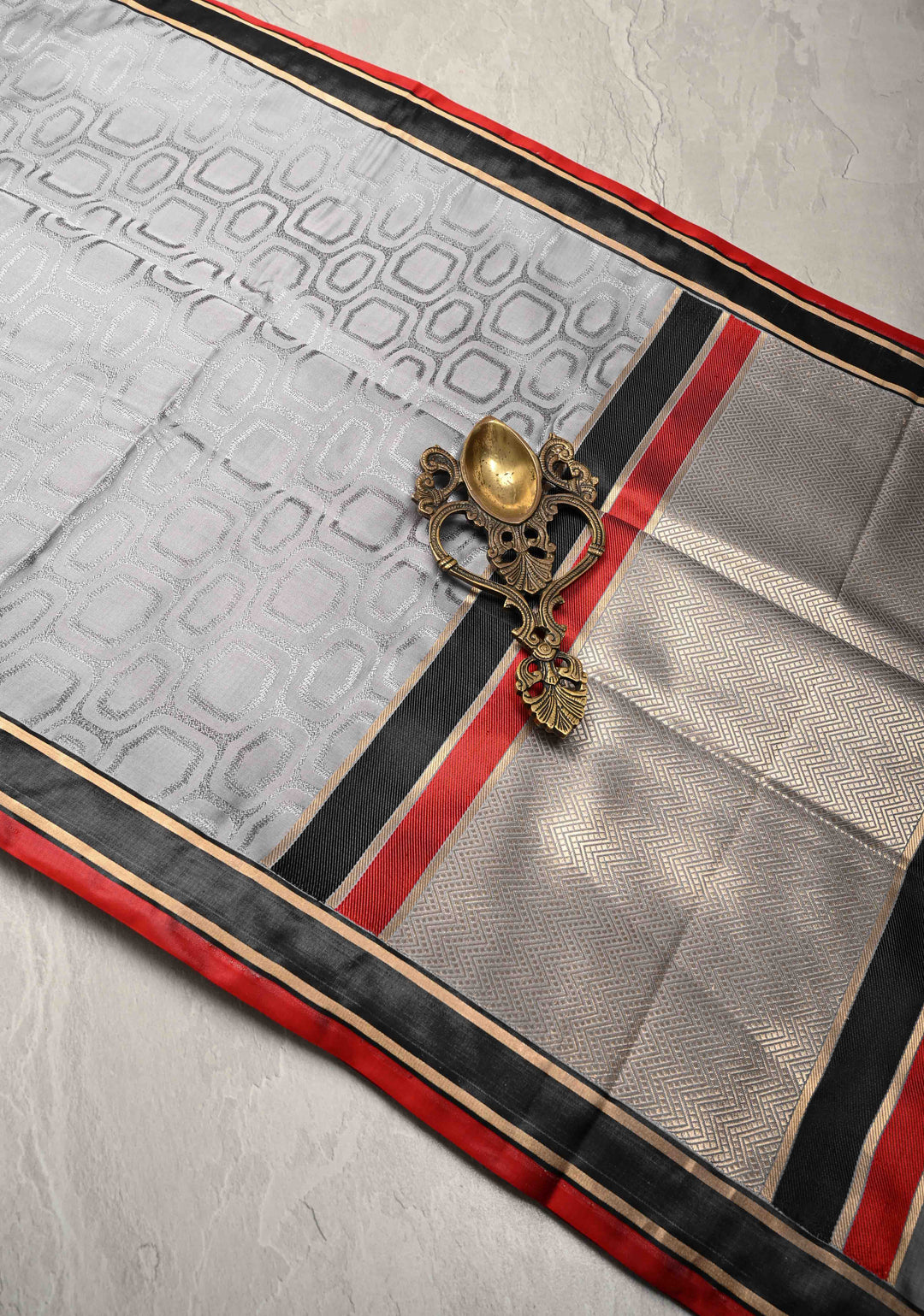 Grey Tanchoi Banarasi Satin Silk Saree in Pure Mashru Silk with Brocade and Contrast Border | SILK MARK CERTIFIED