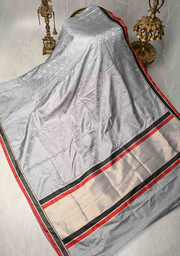 Grey Tanchoi Banarasi Satin Silk Saree in Pure Mashru Silk with Brocade and Contrast Border | SILK MARK CERTIFIED