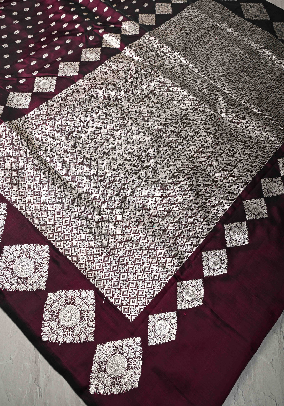Plum Mashru Silk Saree with Floral Brocade and Geomatric Silver Zari Border | SILK MARK CERTIFIED