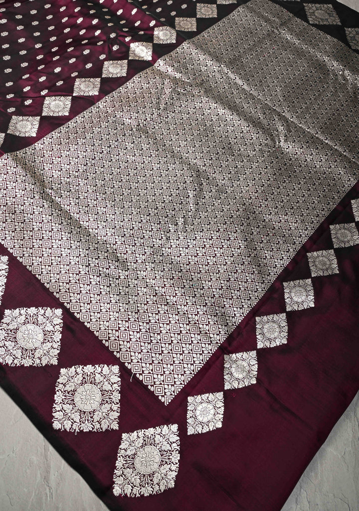 Plum Mashru Silk Saree with Floral Brocade and Geomatric Silver Zari Border | SILK MARK CERTIFIED