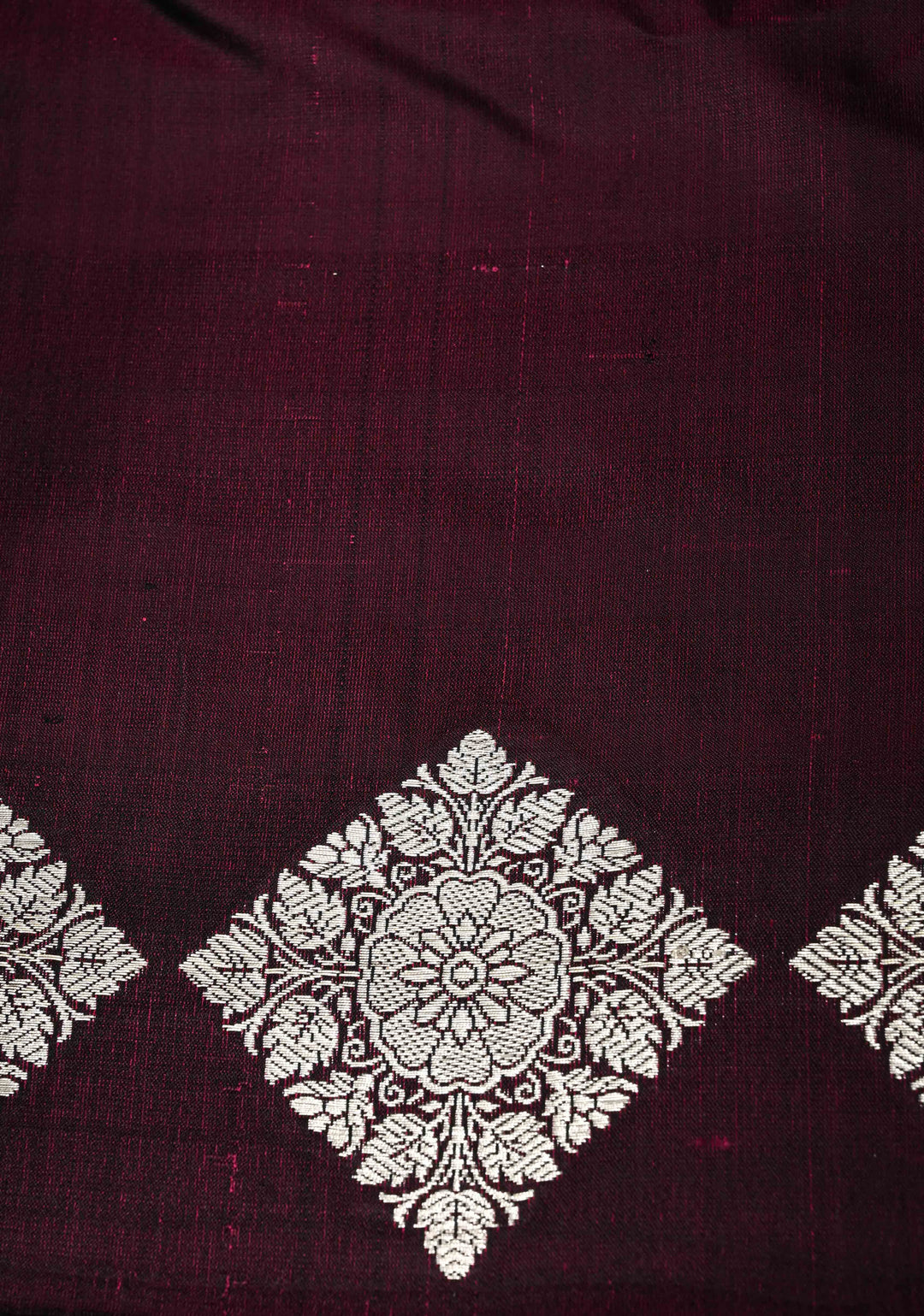 Plum Mashru Silk Saree with Floral Brocade and Geomatric Silver Zari Border | SILK MARK CERTIFIED