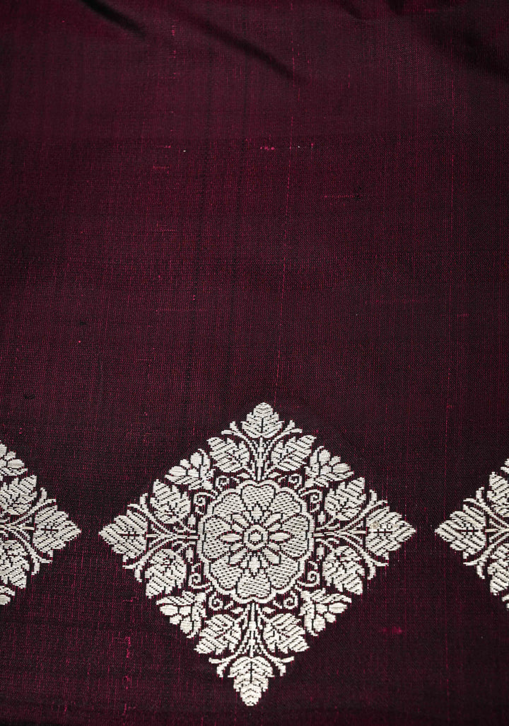 Plum Mashru Silk Saree with Floral Brocade and Geomatric Silver Zari Border | SILK MARK CERTIFIED