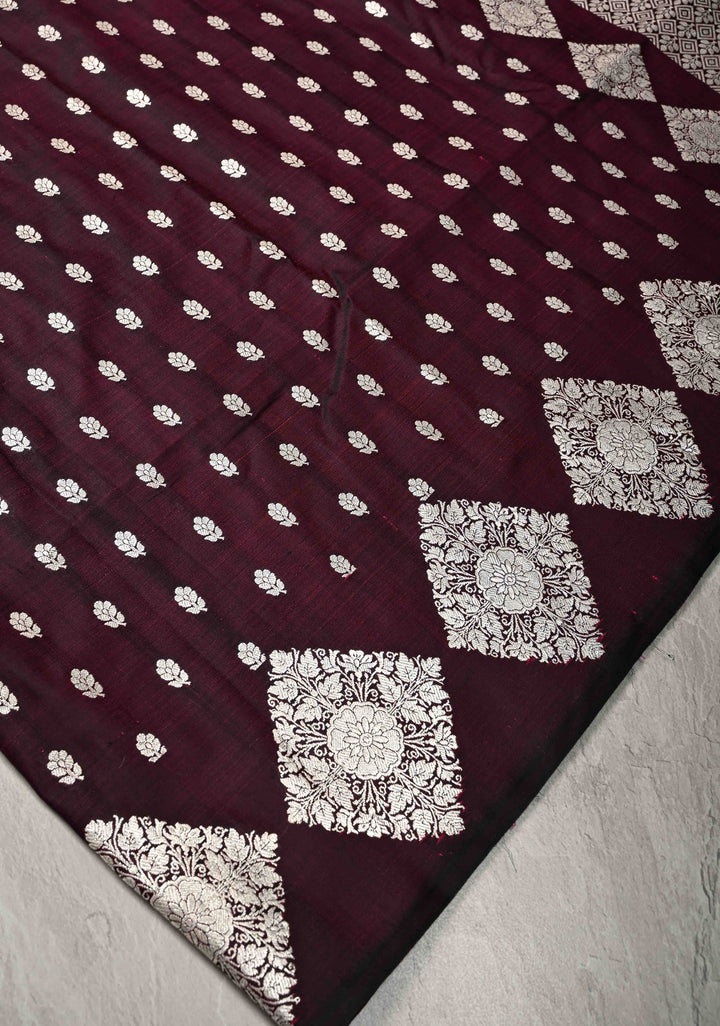 Plum Mashru Silk Saree with Floral Brocade and Geomatric Silver Zari Border | SILK MARK CERTIFIED