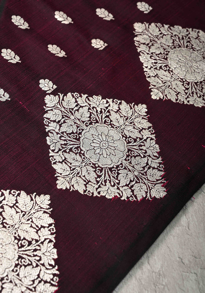Plum Mashru Silk Saree with Floral Brocade and Geomatric Silver Zari Border | SILK MARK CERTIFIED