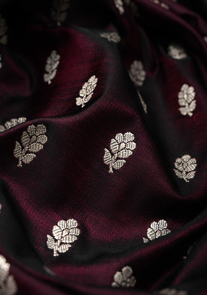 Plum Mashru Silk Saree with Floral Brocade and Geomatric Silver Zari Border | SILK MARK CERTIFIED