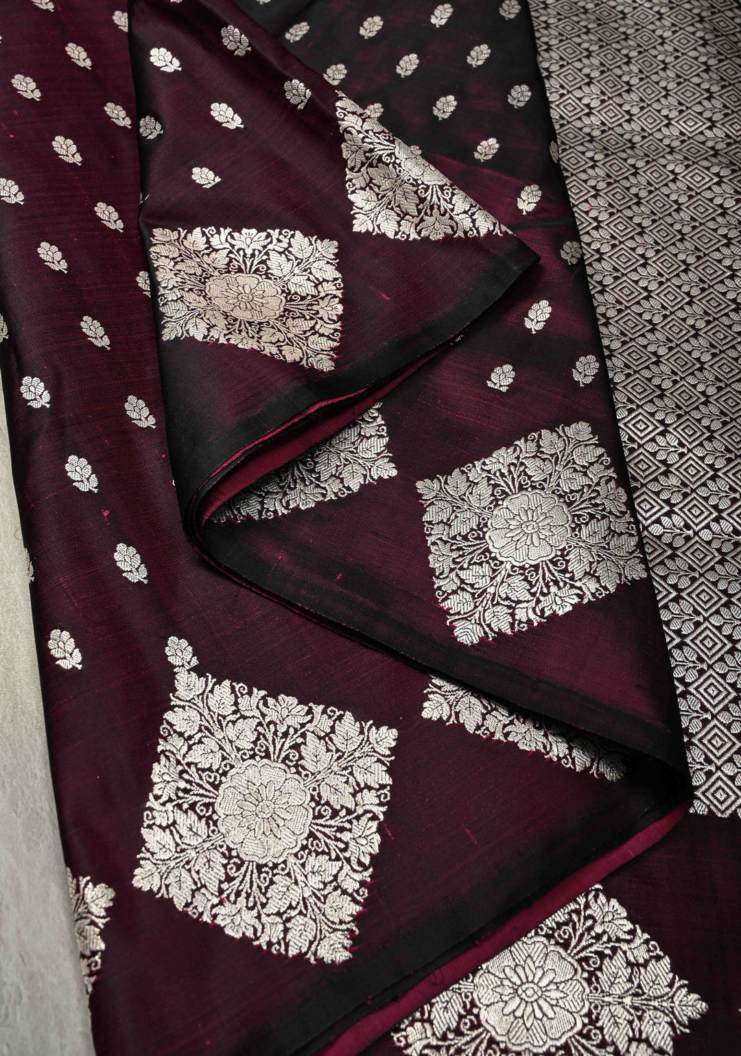 Plum Mashru Silk Saree with Floral Brocade and Geomatric Silver Zari Border | SILK MARK CERTIFIED
